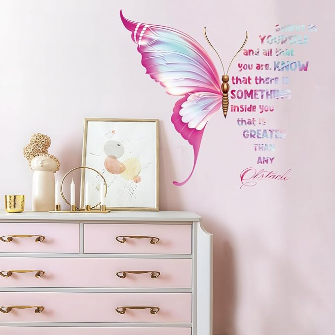 Large Inspirational Butterfly Wall Decals Stickers, Motivational Saying Positive Peel and Stick Wall Art Decals for Women Girls Bedroom Living Room Office(Pink)