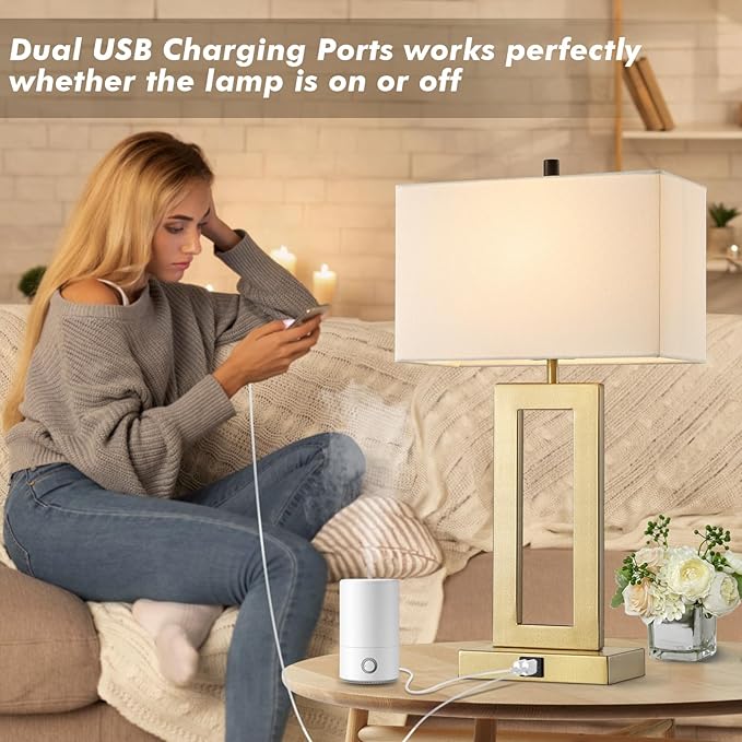 Gold Table Lamps Set of 2 with Dual USB Ports,3-Way Dimmable Touch Control Bedside Lamps,22inch Tall Modern Bedroom Table Lamp for Living Room,Nightstand LED Bulbs Included