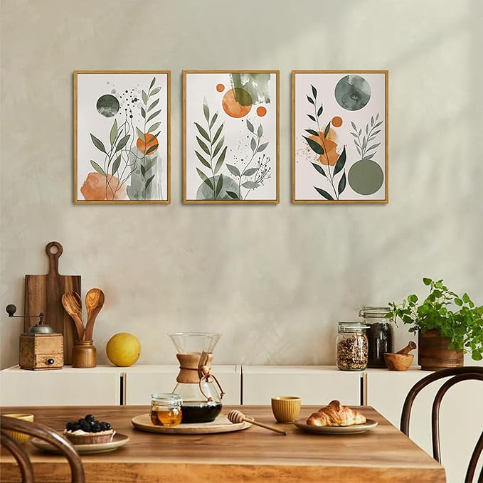 Wodkwq 3 Piece boho Abstract Botanical Canvas Wall Art Framed,Minimalist Watercolor Wall Art,Modern Nordic Wall Decor,Orange Sage Green Prints For Living Room,Bedroom,Office 12x16in