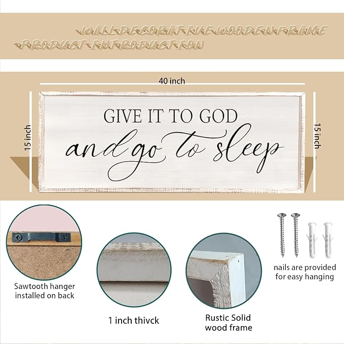 comurdyo Christ Religious Wall Decor Give It To God And Go To Sleep Sign 40"×15" for Christian Prayer Holy Modern Rustic Simple Master Bedroom Above Over Bed Wall Decor Plaque Hanging (White)