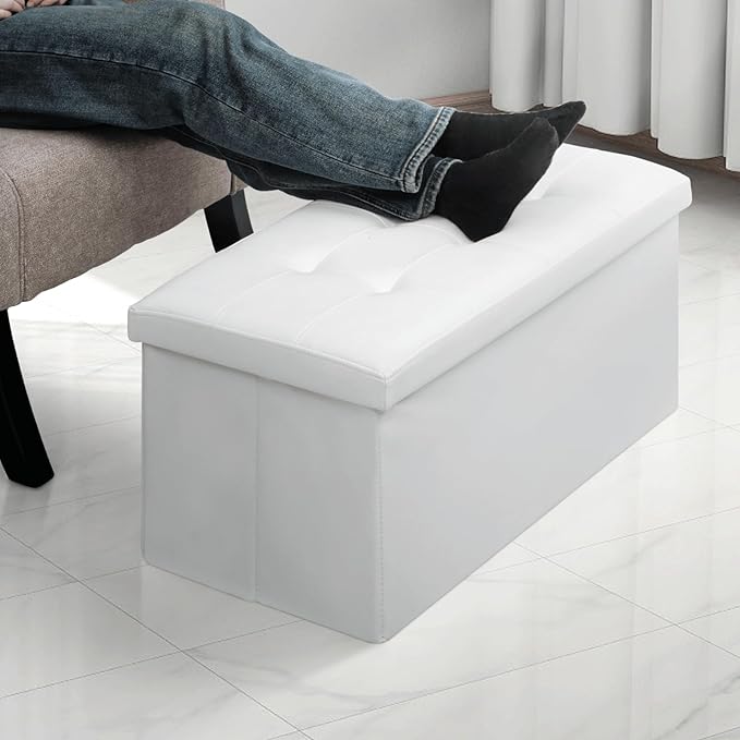 MoNiBloom 30 Inch Storage Ottoman Bench, 24 Gal. Folding Ottoman Footrest, End of Bed Bench, Rectangle Foot Stool, Supports 600 lbs, for Bedroom, Living Room, Entryway, Hallway, White
