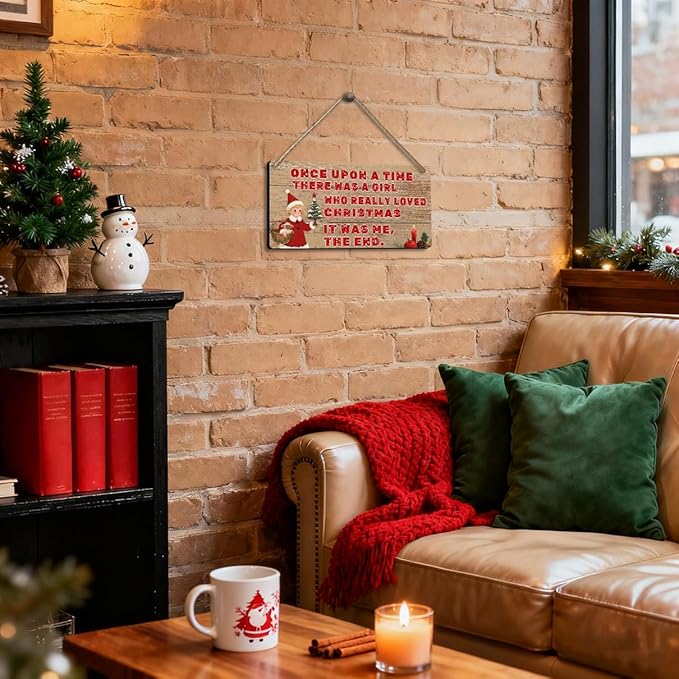 Vintage Christmas Farmhouse Decor 'Once Upon A Time There Was A Girl Who Really Loved Christmas It Was Me The End' Funny Wooden Wall Sign for Teen Girls Bedroom Decorations Gift, 6x12 Inch