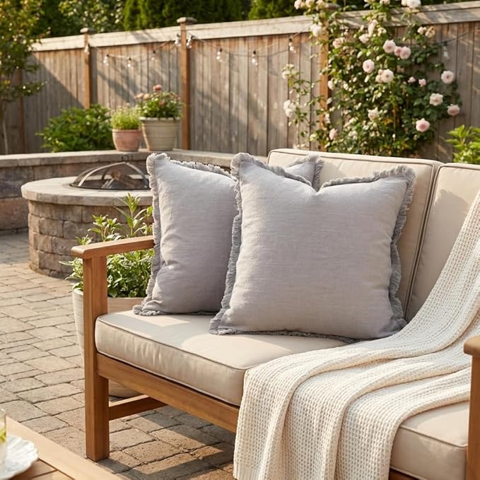 Sunday Praise Set of 2 Linen Fringe Decorative Pillow Covers 20x20 Inch Farmhouse Accent Boho Throw Pillow Cases with Tassels Cozy Soft Square Cushion Covers for Couch Sofa Bed Home Decor,Grey