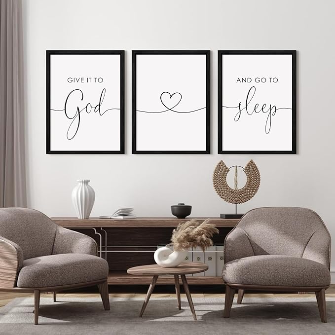Give It to God and Go to Sleep Sign Canvas Wall Art Above Bed Wall Decor for Bedroom Bible Verse Prints Farmhouse Bedroom Pictures Artwork for over the Bed 12x16 Inch Framed Set of 3