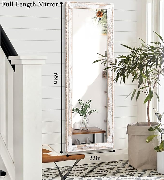 AAZZKANG Wall Mirror Full Length with Wood Frame 65"x22" Rustic Large Full Body Mirrors Decorative for Bedroom Living Room Bathroom Entryway Hanging Rectangular White