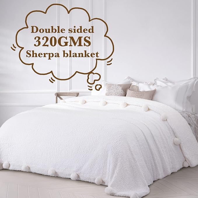 LBRO2M Double Sided Sherpa Blanket,Queen Size Super Soft Fuzzy Plush Warm Cozy Fluffy Throw Reversible Luxurious Blankets (White)