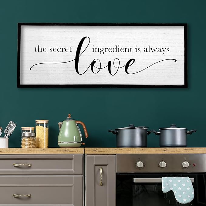 TQianJiang Kitchen Wall Decor The Secret Ingredient Is Always Love Sign 40"×15" Heartwarming Quote for Dining Room Mother's Day Large Farmhouse Rustic Wood Framed Wall Plaque Hanging Art (Black)
