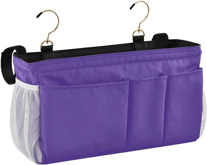 DOMIKING Dark Purple Bedside Caddy for Dorm Bed Recliner Armrest Organizer with Hooks Haning Storage Pockets for Remote Control Couch Recliner