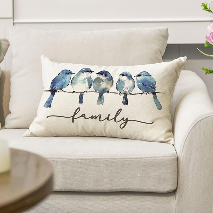 AVOIN colorlife Home Sweet Home Bluebird Family Watercolor Throw Pillow Cover, 12 x 20 Inch Christmas Winter Cushion Case Decoration for Sofa Couch