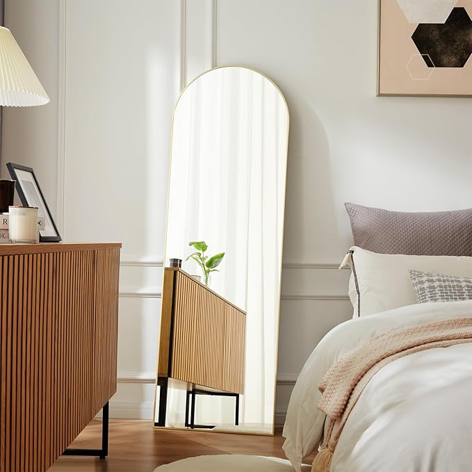 NEWBULIG Arched Full Length Mirror 64.2"x 21" for Bedroom, Full Body Mirror with Stand, Hanging or Leaning for Wall, Aluminum Alloy Thin Frame Floor Standing for Living Room, Long, Gold