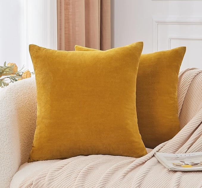 Throw Pillow Covers Mustard Yellow Set of 2 20x20 Inch Fall Pillow Covers, Soft Velvet Farmhouse Neutral Decorative Pillowcases for Couch Sofa Bed, Home Boho Decor, Modern Cushion Covers