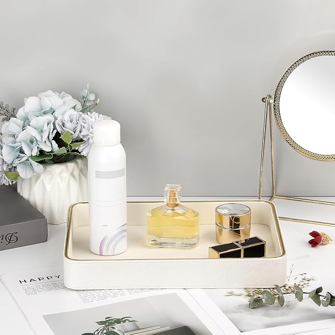 Key Holder for Entryway Table PU Leather Valet Decorative Tray Nightstand Storage Organizer Perfume Trinket Vanity Catchall Tray, 11.2" x 8.2" x 1.5"