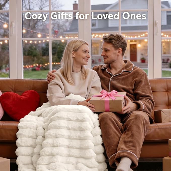 BEDELITE Faux Fur Throw Blanket for Couch, Soft and Cozy Luxurious 3D Striped Fluffy Blanket, 770GSM Thick Warm Plush Fuzzy Faux Rabbit Fur Blanket for Women Gift (Cream, 60"x 80")