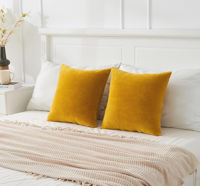 Throw Pillow Covers Mustard Yellow Set of 2 16x16 Inch Fall Pillow Covers, Soft Velvet Farmhouse Neutral Decorative Pillowcases for Couch Sofa Bed, Home Boho Decor, Modern Cushion Covers