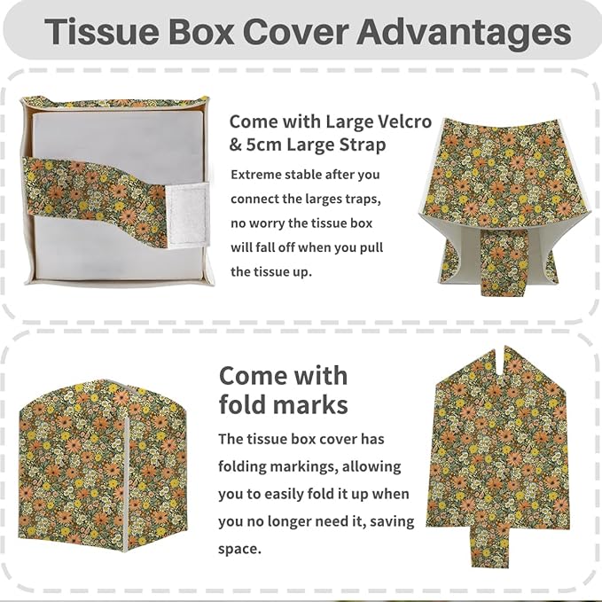 Tissue Box Cover, Tissue Box Holder, Square with Belt Bottom, PU Leather Decorative Organizer for Desk, Tabletop, Countertop Bathroom, Toilet Car, Office, Dresser Bedside, Aesthetic Wildflowers Decor