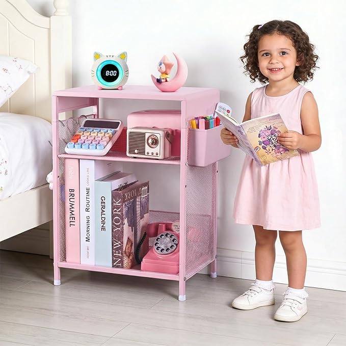 Kids Nightstand, 3-Tier Metal Side Table with Adjustable Storage Shelf, Basket & 3 S-Hooks, Small Bedside Table for Nursery, Toddler Bedroom and Small Spaces (Pink)