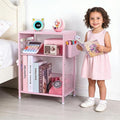 Kids Nightstand, 3-Tier Metal Side Table with Adjustable Storage Shelf, Basket & 3 S-Hooks, Small Bedside Table for Nursery, Toddler Bedroom and Small Spaces (Pink)