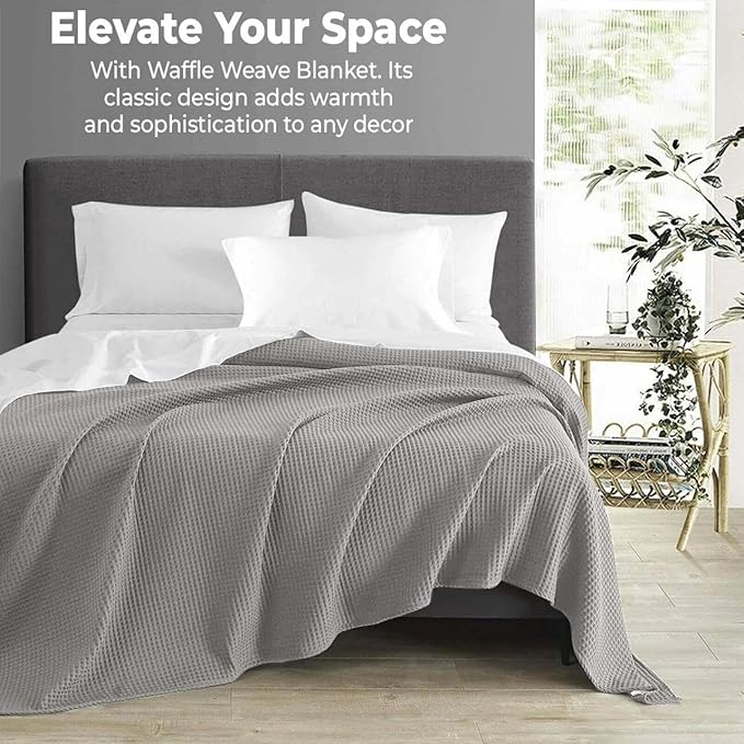 100% Cotton Blankets for Bed - Waffle Weave Blankets for Summer, Lightweight and Breathable Soft Woven Blanket for Spring (Light Grey, Queen (90" x 90"))