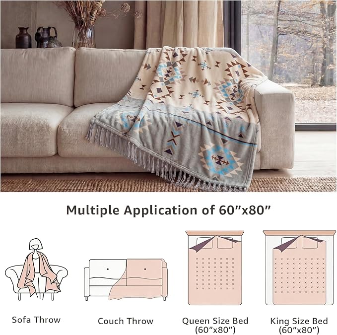 CASAAGUSTO Boho Throw Blanket - Green and Beige Decorative Blankets with Tassel, Printed Flannel Bohemian Blanket for Chair, Bed, Sofa, Couch(50 * 60, Green and Beige)