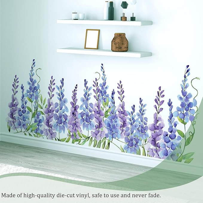Purple Flowers Wall Decals Peel and Stick, Large Wisteria Floral Vinyl Wall Stickers, Removable Vine Home Decor Art for Bedroom Living Room Classroom Office