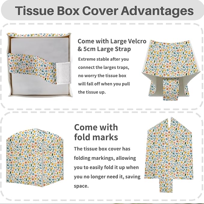Tissue Box Cover, Tissue Box Holder, Square with Belt Bottom, PU Leather Decorative Organizer for Desk, Tabletop, Countertop Bathroom, Toilet Car, Office, Bedside Kitchen, Aesthetic Flower Decor