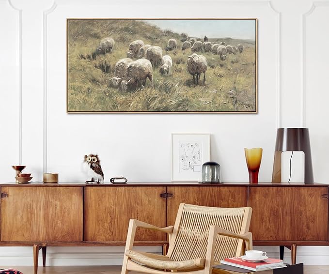 DJSYLIFE Farmhouse Framed Wall Art, Sheep on the Dunes Wall Picture, Vintage Sheep Oil Painting Canvas Print, Large Artwork for Living Room Bedroom Decor, Home Decorations 20x40 Inch