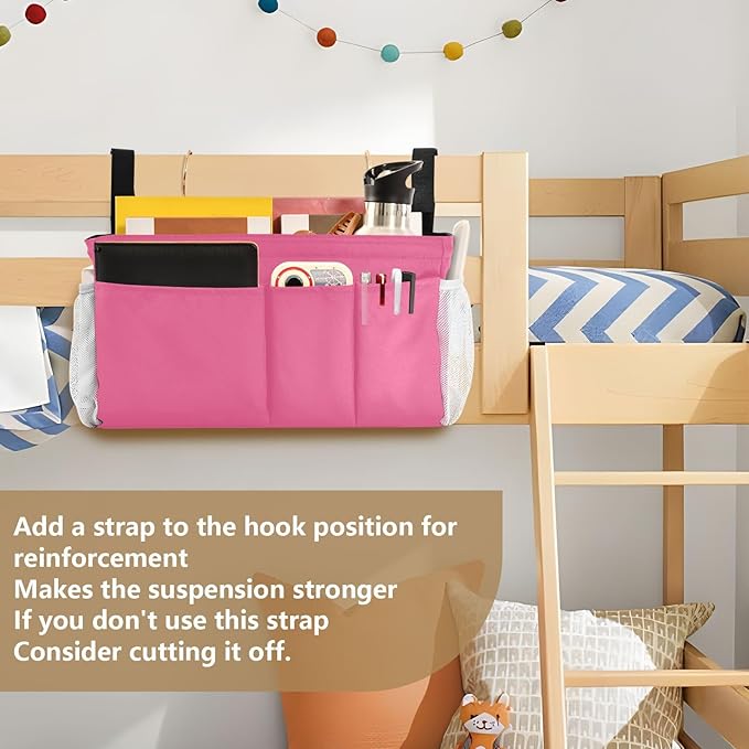 DOMIKING Neon Pink Bedside Caddy for Dorm Bed Recliner Armrest Organizer with Hooks Haning Storage Bag for Couch Recliner Remote Control