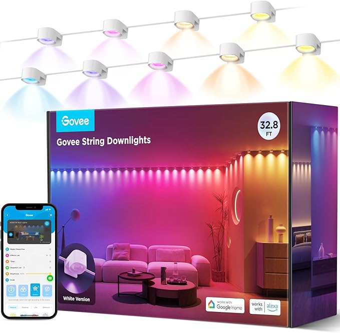 Govee RGBIC String Downlights, Smart LED String Lights Works with Alexa, Wi-Fi Color Changing Indoor Wall Light Fixture for Party, 32.8ft with 50 LEDs, Music Sync, White