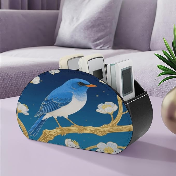 Blue Bird Flower Remote Control Holder Organizer Box with 5 Compartment PU Leather Bedside Storage Caddy Remote Organizer for Controller Media Player Pen/Pencil Storage