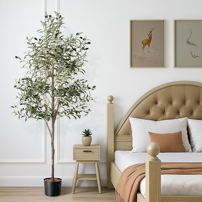 Waterproof Artificial Olive Tree, 5.5 FT Tall Faux Olive Tree for Home Indoor Decor, Floor Plant with Textured Leaves Fruits, Realistic Wood-Grain Trunk, Fake Plant for Living Room Bedroom Office