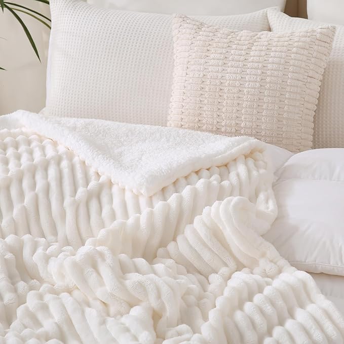 Cream White Sherpa Fleece Throw Blanket 50”×60” for Couch Sofa Bed, Double Side Soft Fuzzy Cozy Plush Thick Flannel Blanket with Striped Design Gift for Adults,Woman,Girls