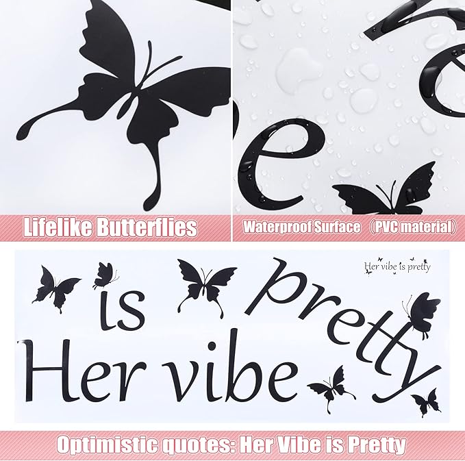Her Vibe is Pretty Wall Decal Decor Vivid Butterflies Wall Sticker Inspirational Quotes Positive Wall Decal Sticker for Women Office 31.5 x 9.4 Inch (Simple Style,Black)