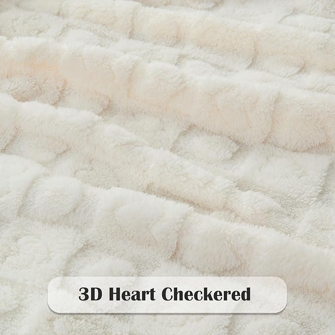 NEWCOSPLAY Super Soft King Blanket Ivory Premium Silky Flannel Fleece 3D Heart Checkered Lightweight Bed Blanket All Season Use (Ivory Heart, King(90"x110"))