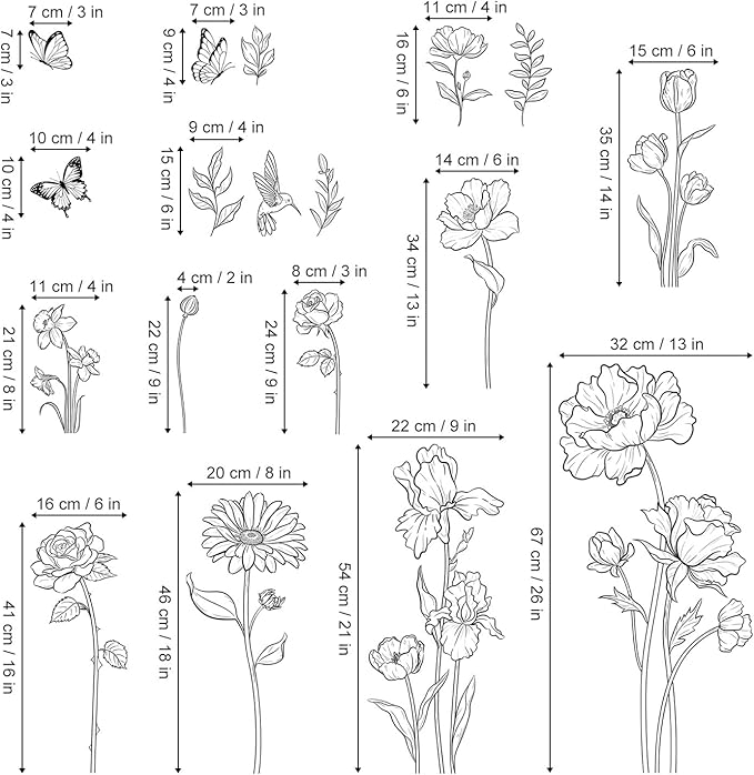 decalmile Large Black Boho Flower Wall Decals Simple Sketch Floral Wildflower Butterfly Wall Stickers Bedroom Living Room Sofa TV Background Home Decor