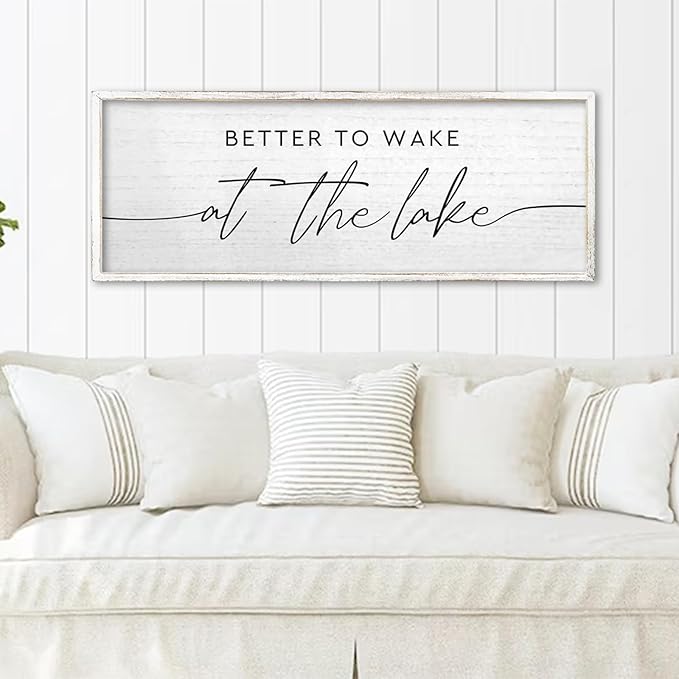 TQianJiang Better To Wake At The Lake Above Bed Wall Decor 40"×15" for Lake House Bedroom Over Bed Sign Large Wood Framed Wall Hanging Art (White)