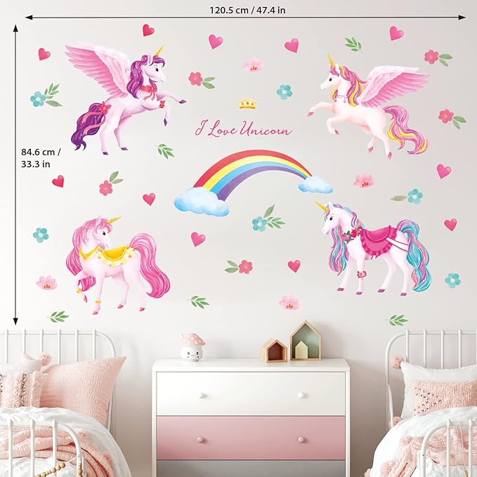 DECOWALL DS9-8072 Unicorns and Rainbow Wall Stickers Decals Birthday Decorations for Girls Party Favors Unicorn Room Decor Bedroom Gifts Kids Colorful Removable Nursery Living Art Home Princess