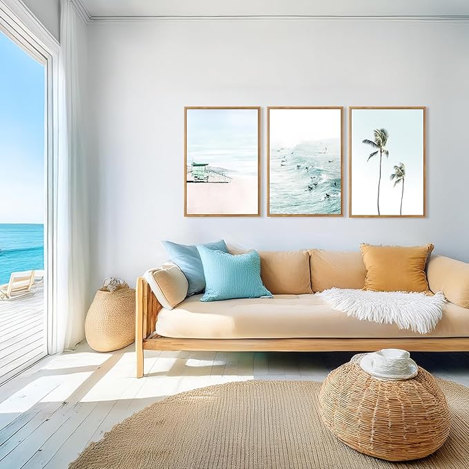 CHDITB Tropical Surf Scene Framed Canvas Wall Art Set Of 3, Coastal Wall Decor, Ocean Inspired Beach Wall Painting, Neutral Seascape Palm Tree Art Prints For Living Room Bedroom Decor (12x16 Inch)