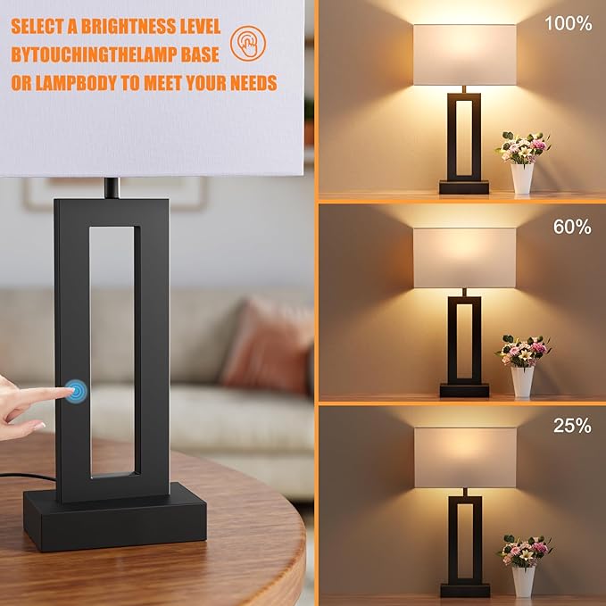Nightstand Table Lamps for Bedrooms Set of 2 - Touch Bedside Lamp with USB C+A, 3 Way Dimmable Living Room Lamps for End Tables Set of 2, Modern Night Stand Lamps for Bed Side Guest Room(White)