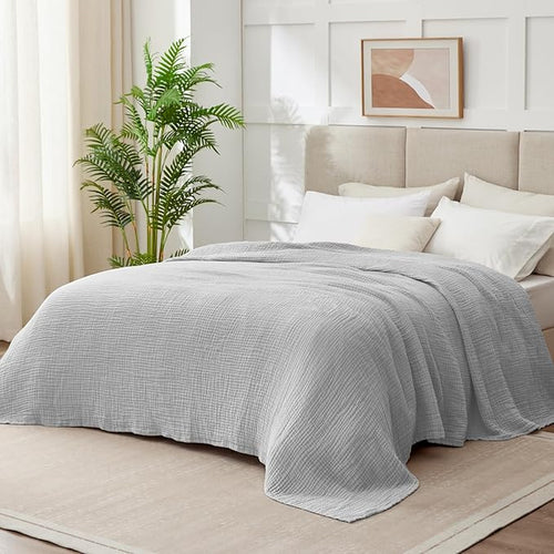 100% Cotton Muslin Blanket King 108" x 90", Breathable and Lightweight Cotton Throw Blankets for Bed, Soft Cooling Summer Gauze Blanket for Adults All Season, Light Grey