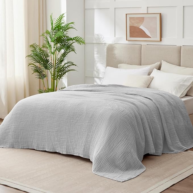 100% Cotton Muslin Blanket California King 120" x 90", 6 Layers Breathable and Lightweight Oversized Blankets for Bed, Soft Cooling Gauze Blanket for Adults All Season, Light Grey
