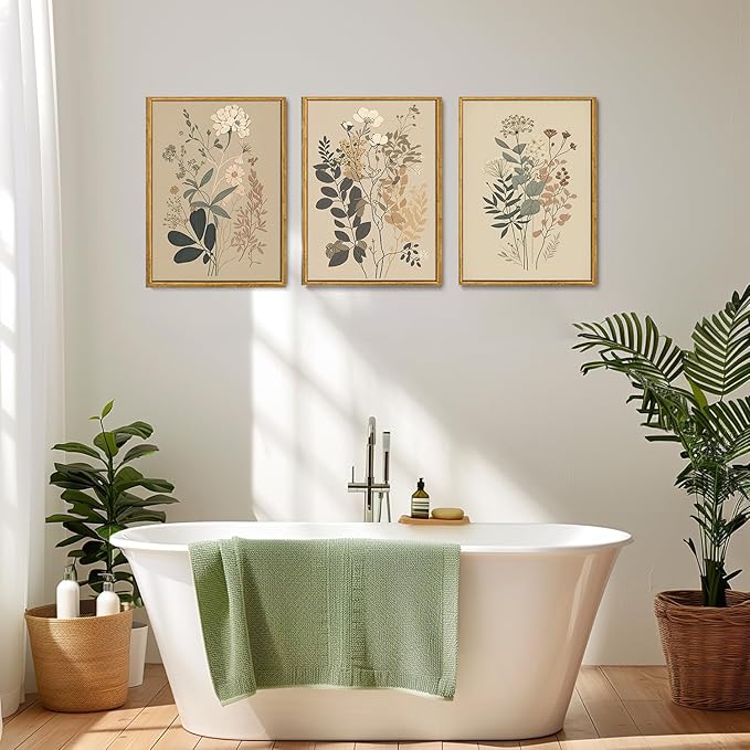 Wodkwq 3 Piece Vintage Floral Canvas Wall Art Framed,Large Wildflower Wall Art,Neutral Farmhouse Botanical Wall Painting,Modern Floral Art Prints For Living Room,Bedroom,Office 16x24in