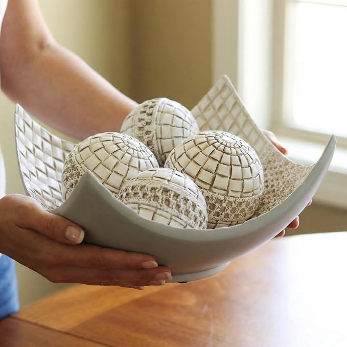Seraphic 5pc Scoop Bowl Table Centerpieces for Dining Room, Large Decorative Bowls for Coffee Table Decor, Kitchen, Orbs/Balls Included, 14" diagonal. 11" wide and 5.75" tall, White