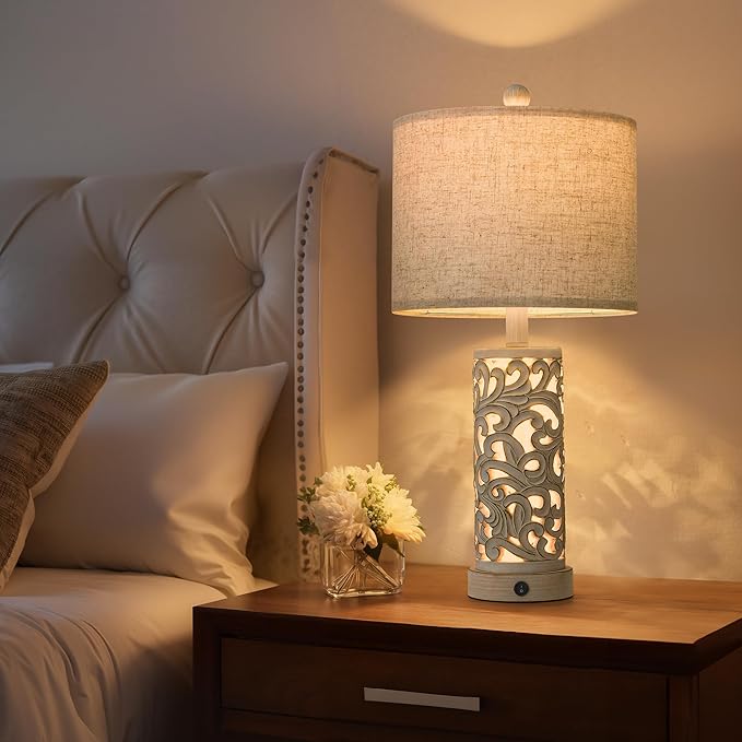22" Dual Light Table Lamps Set of 2 for Living Room, USB A+C Table Lamp for Bedroom, Farmhouse Lamps for Night Stands with Linen Shade for Home Office(Wash White, Bulb Included)