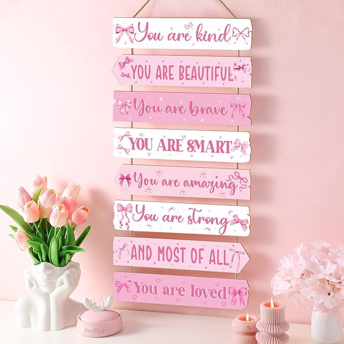 Qunclay Inspirational Girl Room Decor Aesthetic Art Wall Hanging Sign Inspiring Colorful Rainbow Wooden Decoration for Kids Toddler Boy Baby Bedroom Nursery Dorm Decor, 6-12 Years (Pink Bow)
