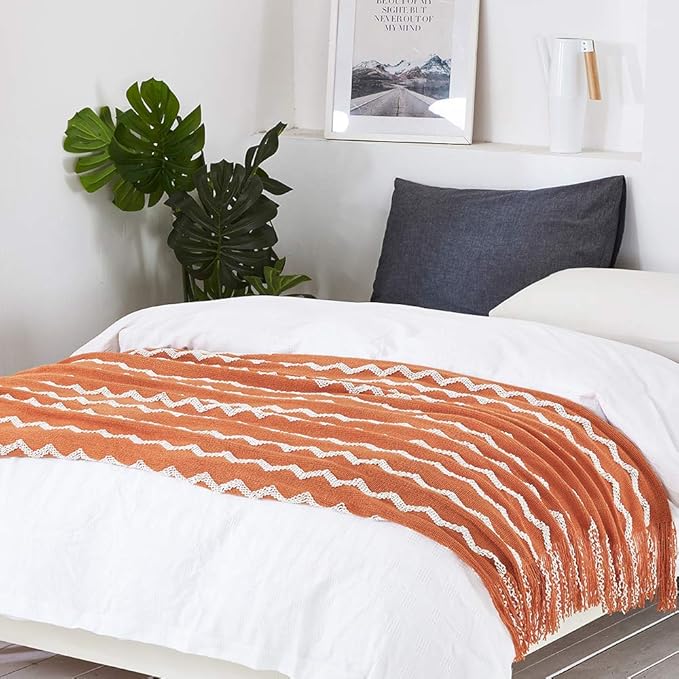 BOURINA Fluffy Chenille Knitted Fringe Throw Blanket Lightweight Soft Cozy for Bed Sofa Chair Throw Blankets, Orange 60"x80"