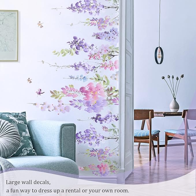 Purple Flowers Wall Decals Peel and Stick, Large Hanging Floral Vinyl Wall Stickers, Removable Vine Home Decor Art for Bedroom Living Room Classroom Office