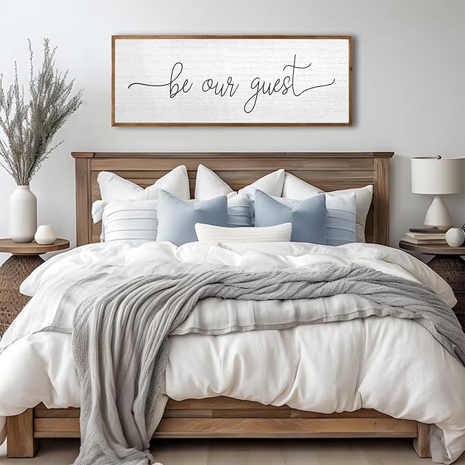 Be Our Guest Wall Decor Sign 40''×15'' Large Rustic Farmhouse Family Guest Room Bedroom Above Bed Vintage Framed Wooden Wall Art Modern Signs Simple Entryway Hanging Decoration (Wood)