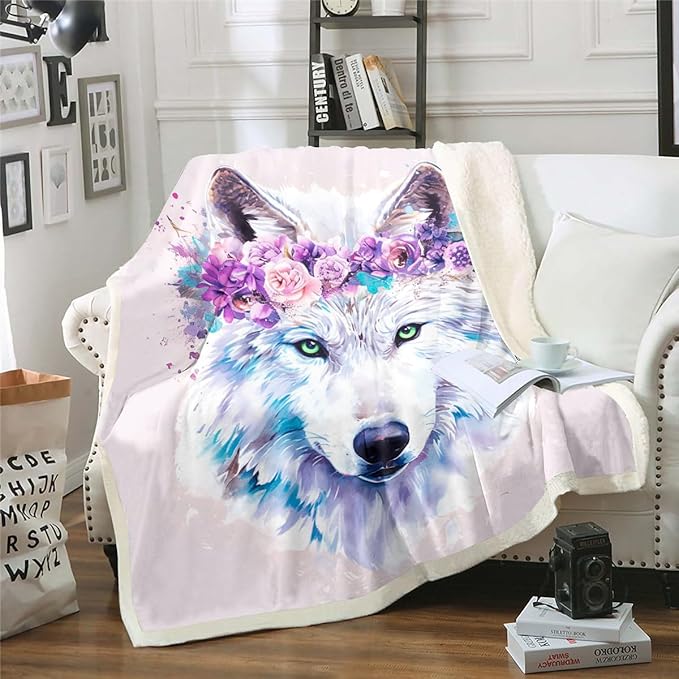 3D Wolf Sherpa Blanket, with Green Eyes Wild Animal Blooming Flower Splash Watercolour Tie Dye Blanket Throw, Decorative Sofa Fleece Blanket Lightweight, 40"x50", Black White