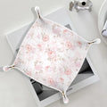 Pink Floral Jewelry Valet Tray for Women, Cottagecore Pink Rose Flower PU Leather Catchall Beside Caddy Nightstand Organizer Tray for Jewelry Rings Watches Keys and Accessories, 7.87x7.87in