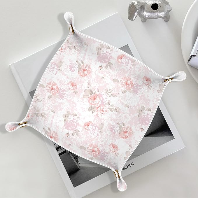 Pink Floral Jewelry Valet Tray for Women, Cottagecore Pink Rose Flower PU Leather Catchall Beside Caddy Nightstand Organizer Tray for Jewelry Rings Watches Keys and Accessories, 7.87x7.87in